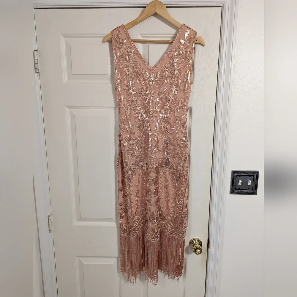 Kayamiya rose gold blush flapper dress sequin fringe size small (read condition)